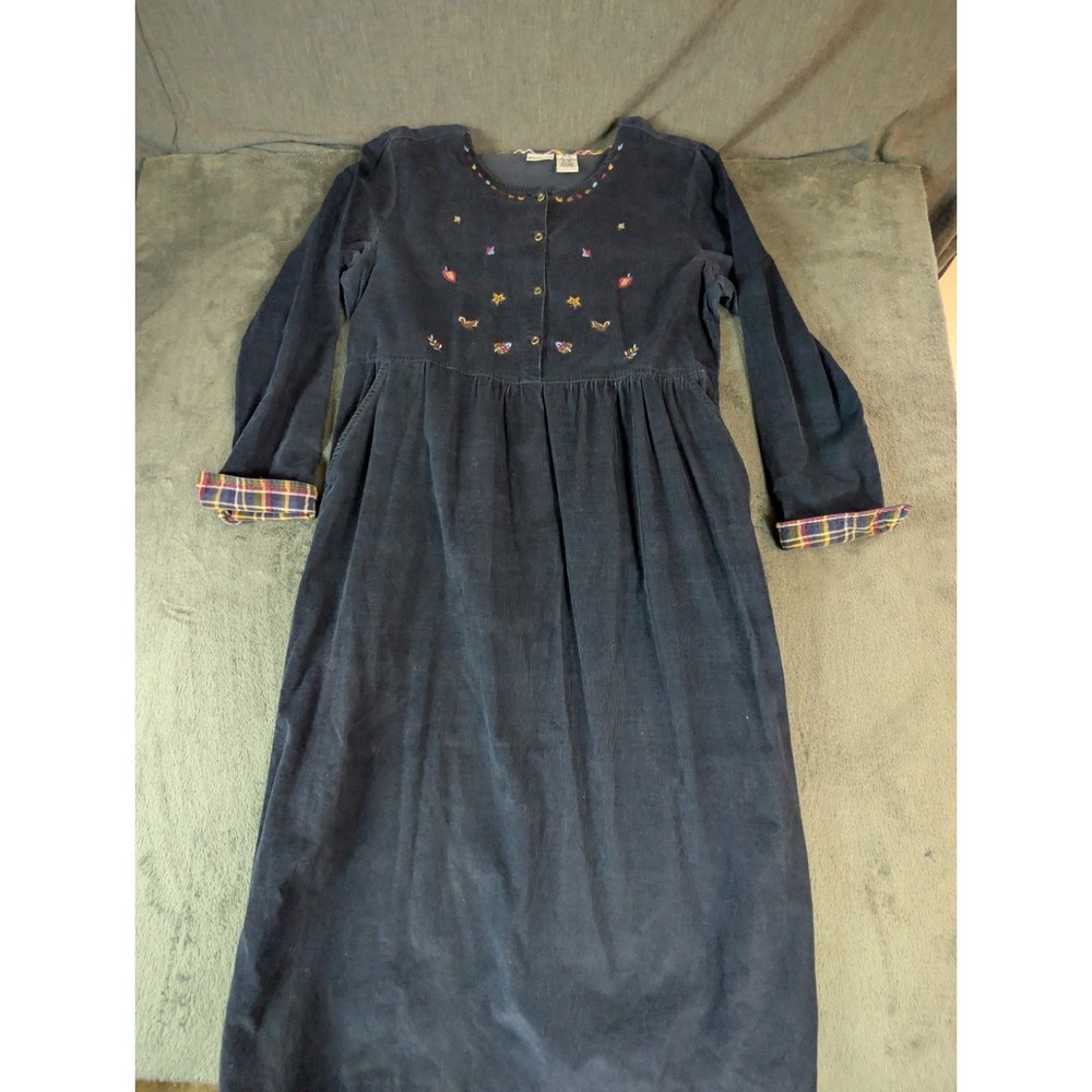 VTG Bobbie Brooks‎ Navy Corduroy Embroidered Cottacore Maxi Dress XL Pockets